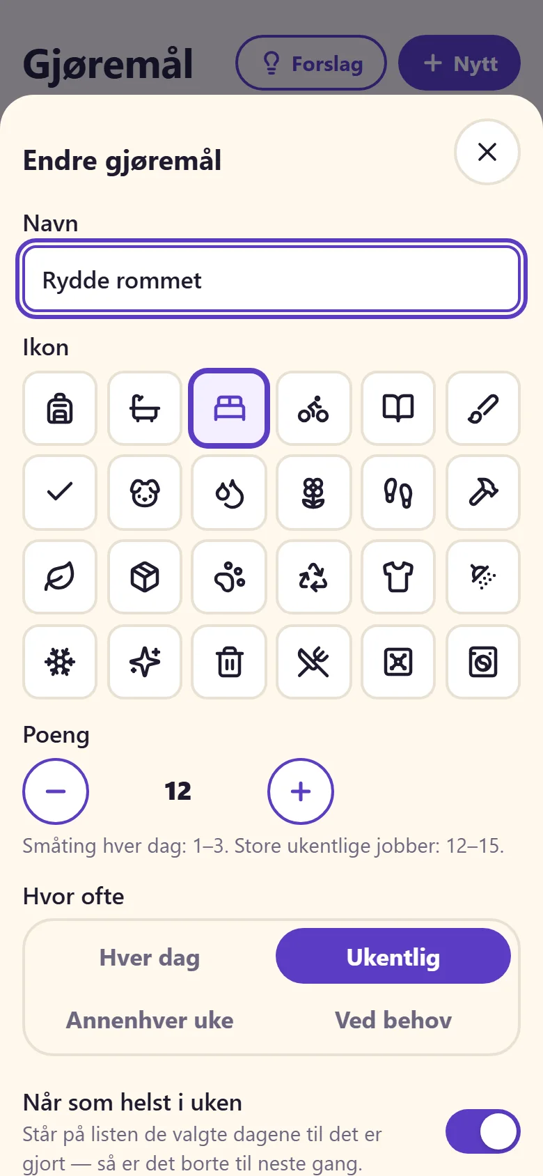 Skjemaet for et gjøremål: navn, ikon, poeng, hvor ofte og om det krever godkjenning.