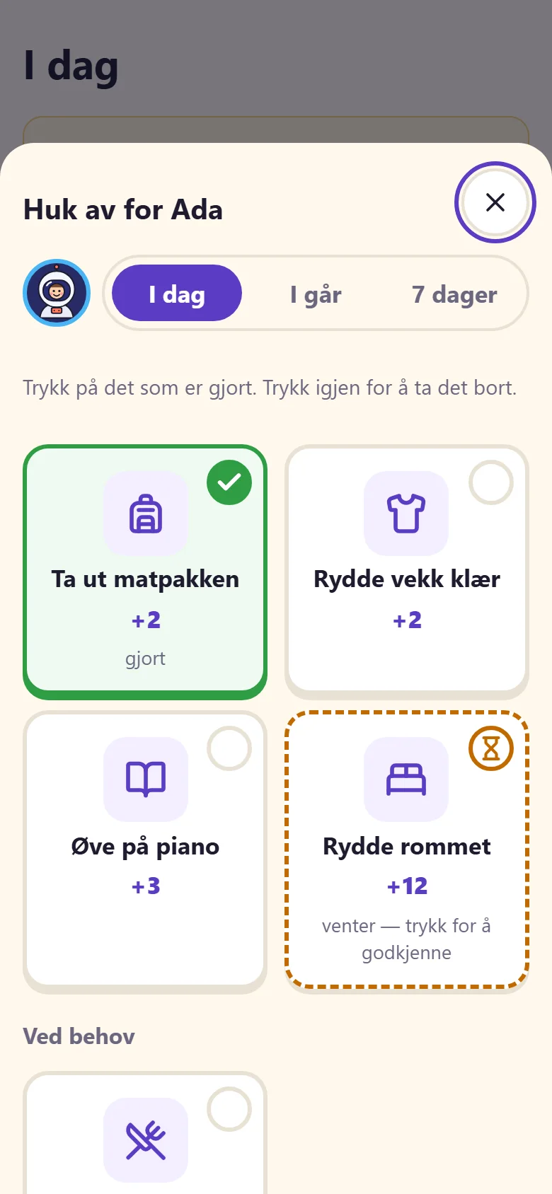 «Huk av for Ada»: dagens gjøremål som store fliser, der ett trykk fører på.