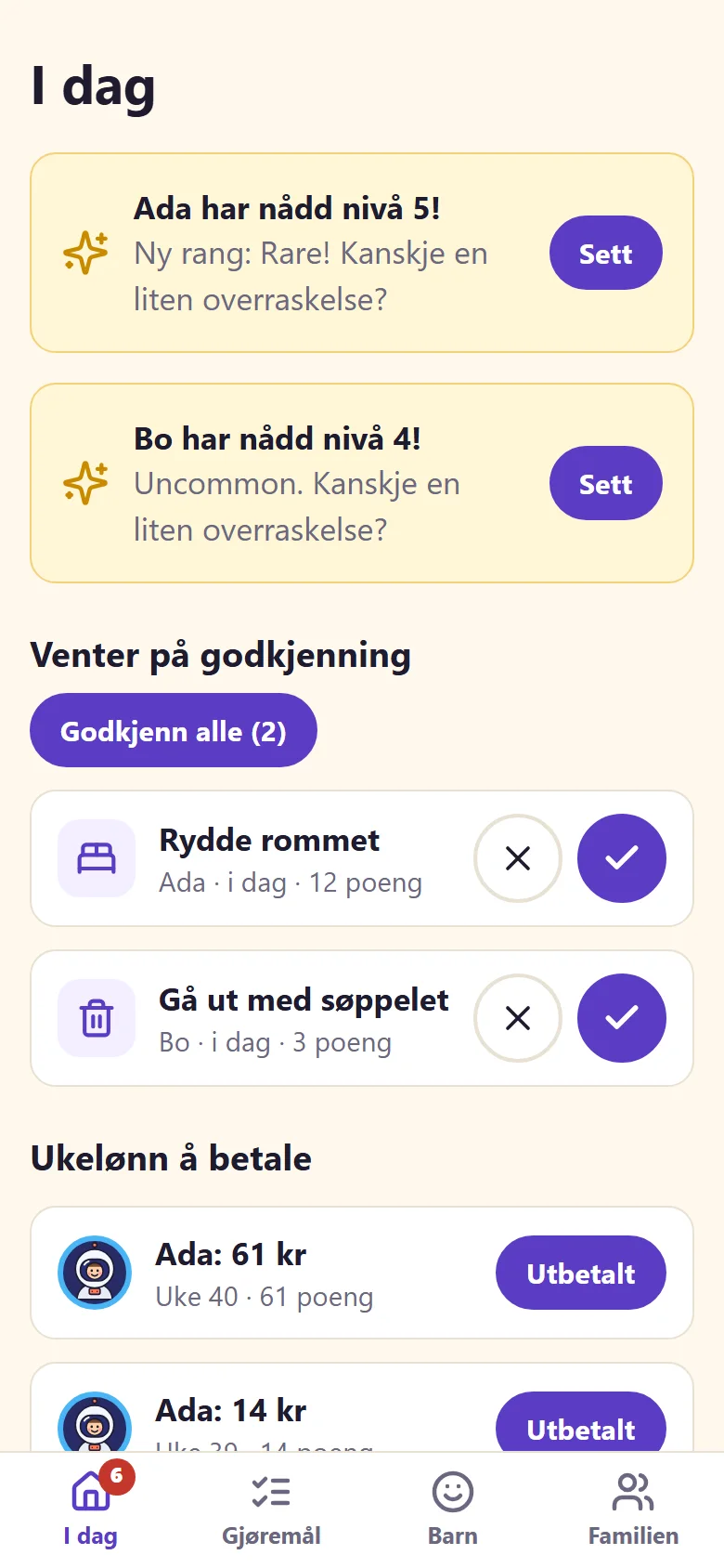 De voksnes oversikt: et nytt nivå, gjøremål som venter på godkjenning, og ukelønn som skal betales.